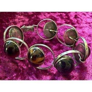 Vtg  Silver Bracelet  Regular, Black, Iron Tigers Eye Signed